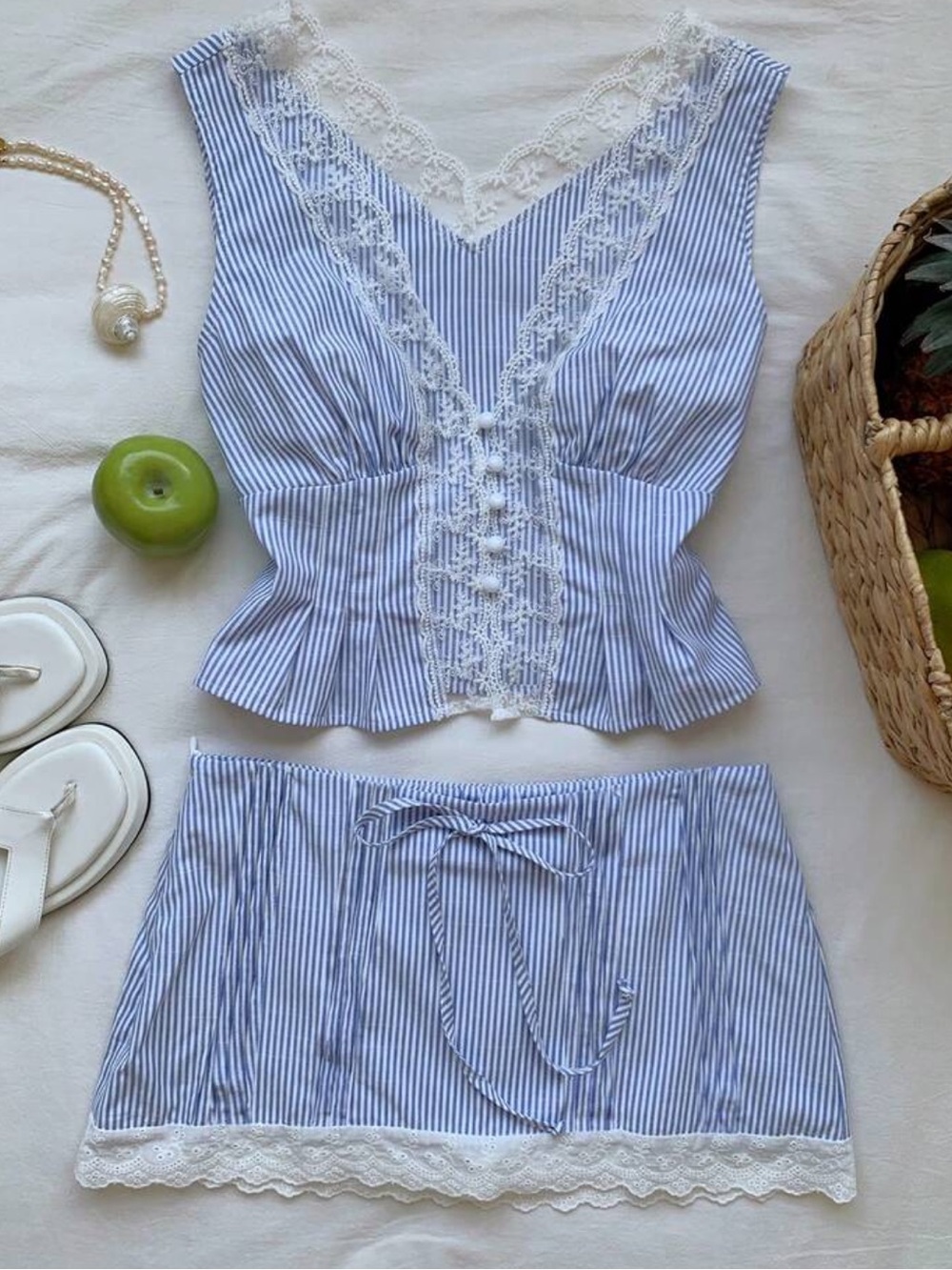 Women's Lace Patchwork Striped Ruffle Blouse And Mini Skirt Casual